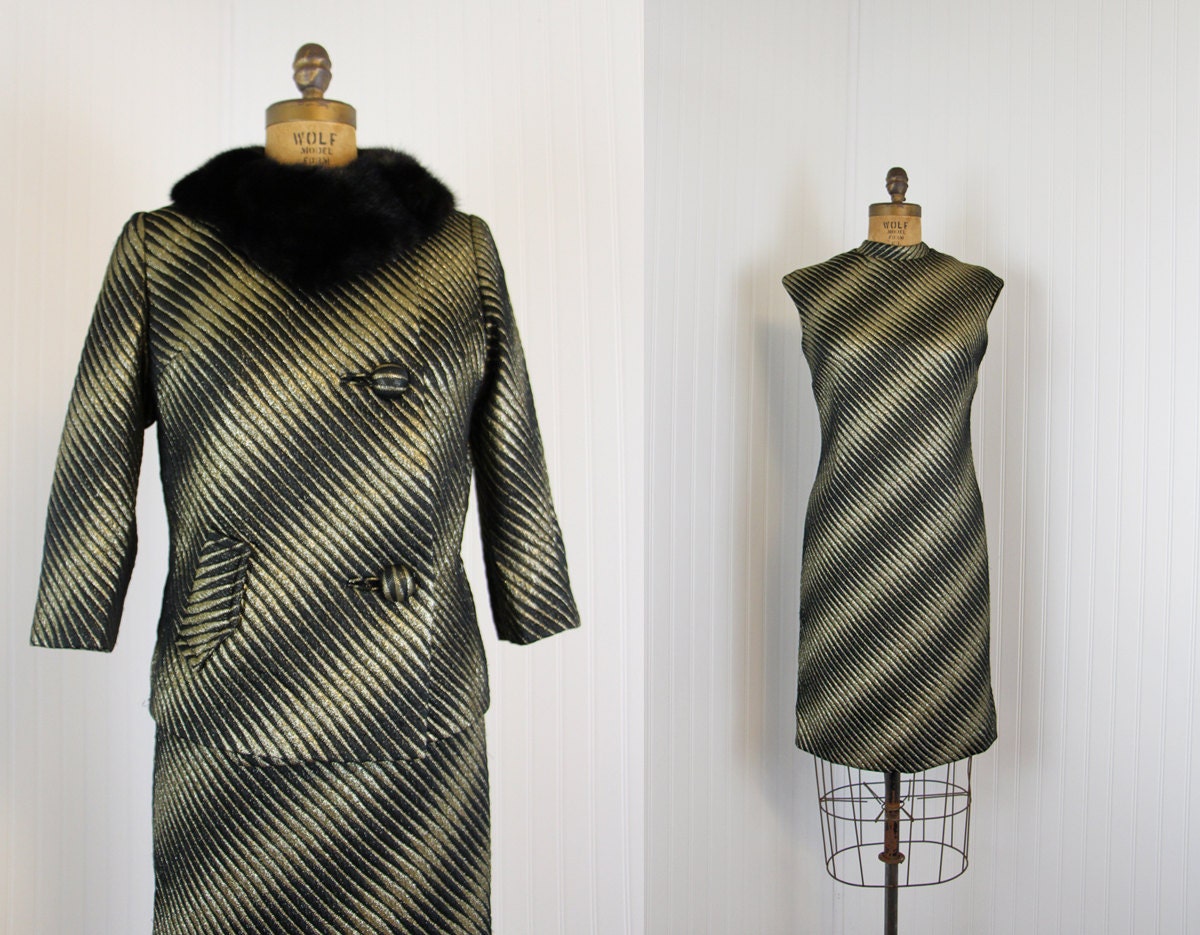 Vintage 60s Dress Suit - 1960s Dress and Jacket - Black Mink Fur Gold Lurex Designer Brocade M - Going Uptown