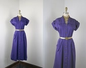 1950s Dress - Vintage 40s 50s Dress - Purple Cotton Atomic Era Bombshell M L - She Left in Smoke