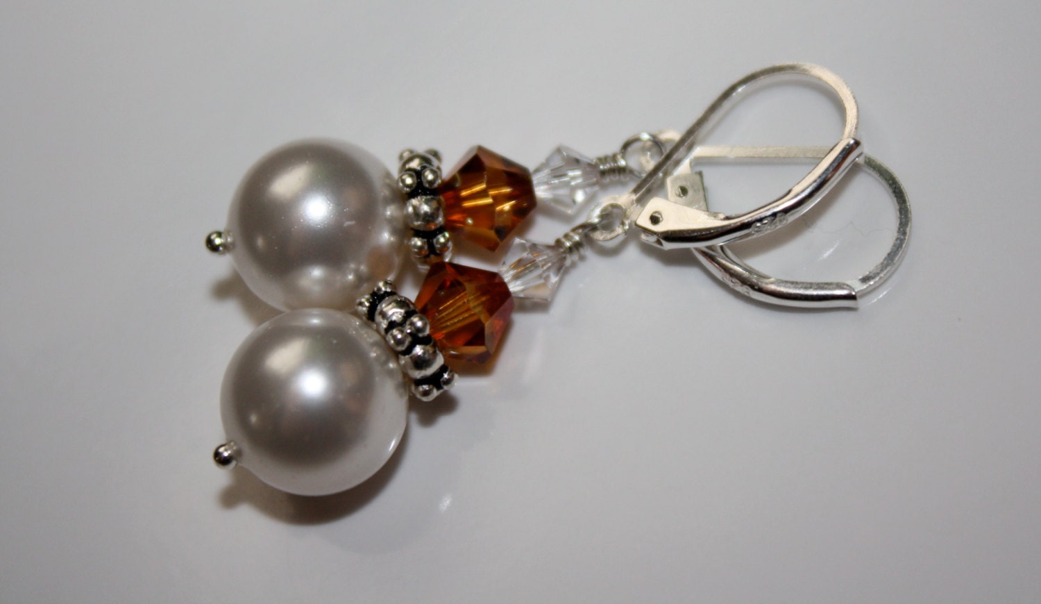 White Pearl Earrings Swarovski Crystal Copper Clear .925 Sterling Silver Bali Spacers Lever Back Ear Wires Dangle Elegant Formal Wedding