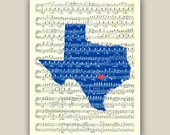 Texas State Map Art Print, on old sheet music 11x14 Print, Austin hearted city, map silhouette wall art, home decor