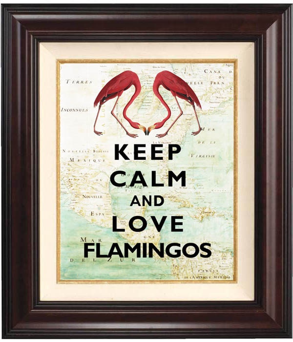 Keep calm and love flamingos Print on old map of East Cost of America  Keep calm wall art Poster