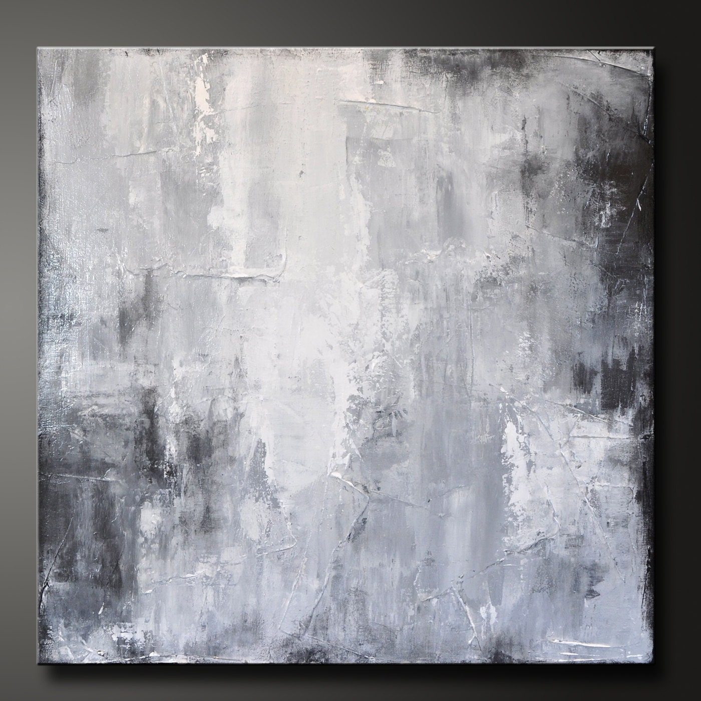 Dark Shadow - 24 x 24 - Abstract Acrylic Painting - Highly Textured - Contemporary Urban Wall Art Gray Grey