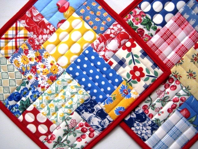 Quilted Patchwork Mug Rugs Snack Mat Scrap Happy and Bright