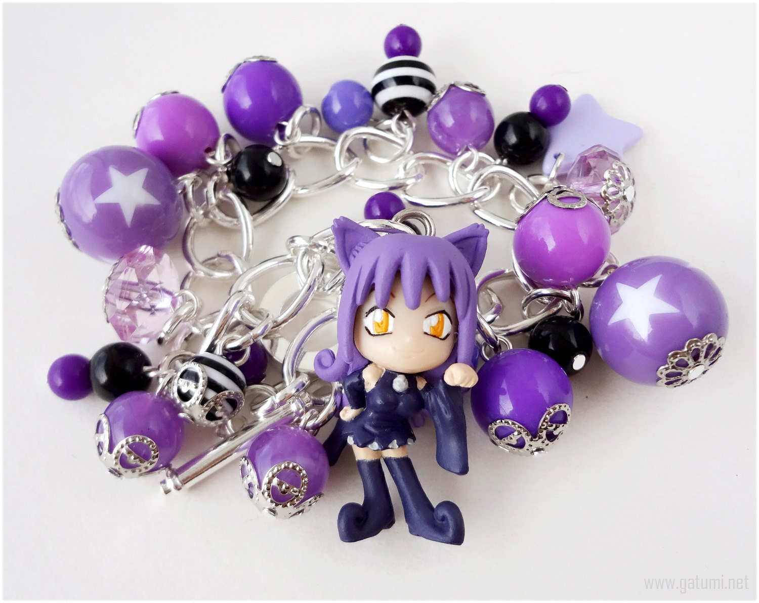 Soul Eater Bracelet, Cat Witch Blair Figure, Purple and Black Charms, Silver Plated Chain - Anime Jewelry
