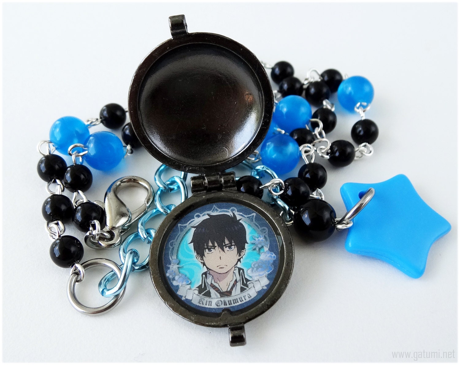 Blue Exorcist Necklace, Rin Okumura Locket Pendant, Rosary Chain in Silver - Anime Jewelry, Ao no Exorcist