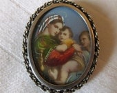 Antique Madonna Religious Brooch Pendant 800 Silver Hand Painted Miniature Virgin Mary Baby Jesus