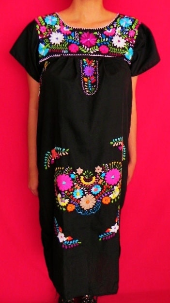 Mexican Long Dress Black Very Elegant Embroidered Handmade Spring / Summer Medium