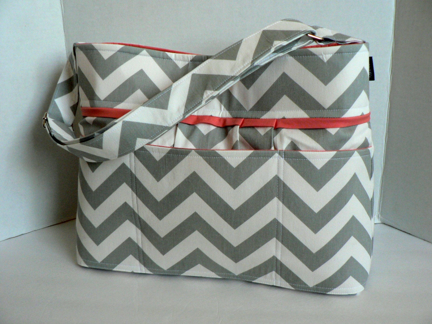 Monterey Chevron Diaper Bag - Grey Chevron and Salmon Or Custom Design Your Own - Medium 9 Pockets