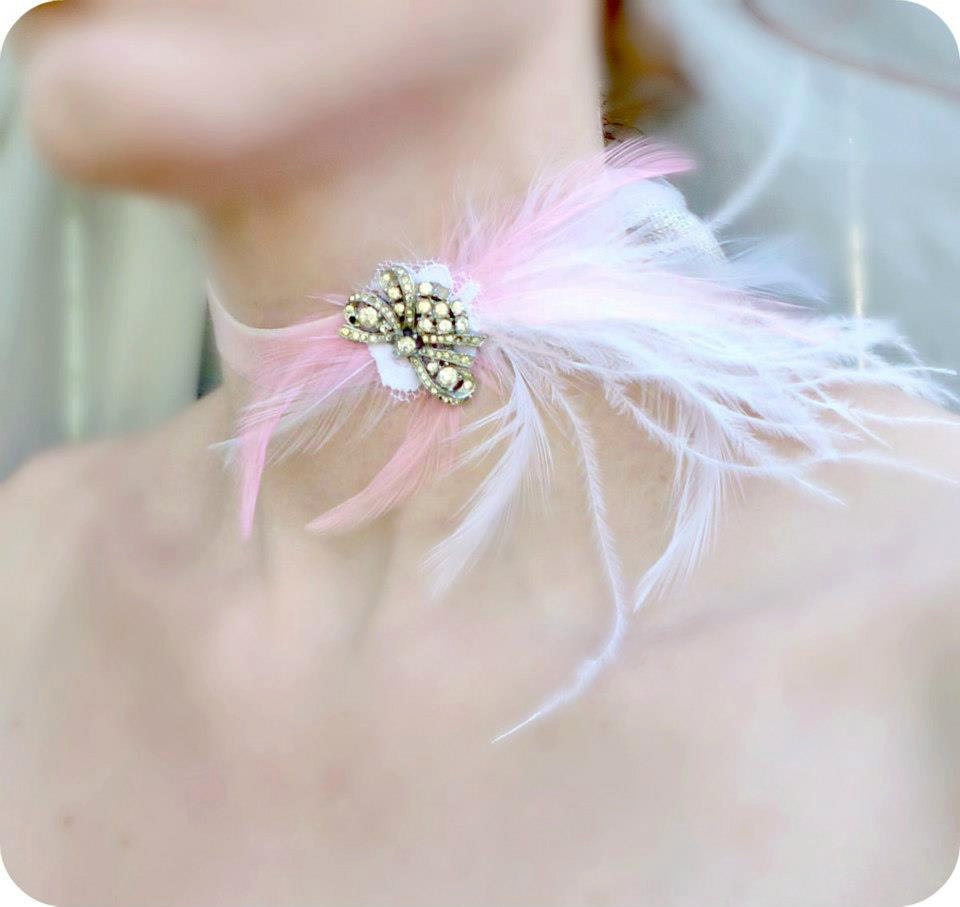 Pink Rhinestone Velvet Choker - Marie Antoinette - Feather Headdress