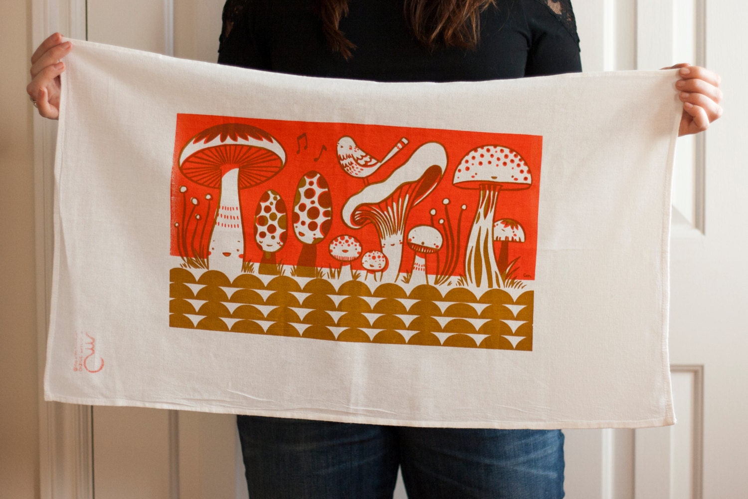 Happy mushrooms in red screen printed flour sack tea towel