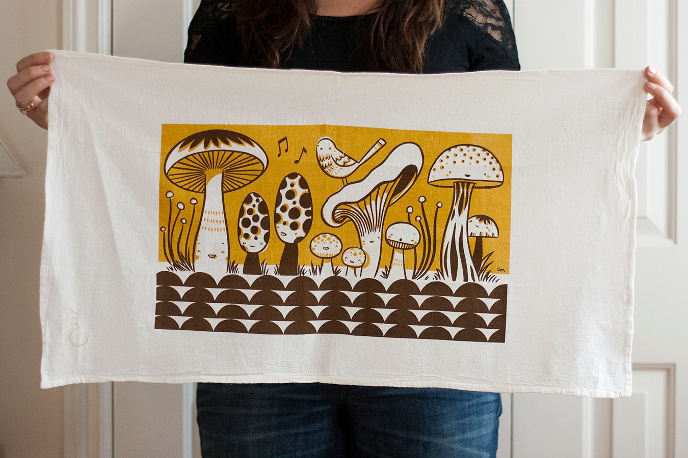 Happy mushrooms in mustard screen printed flour sack tea towel