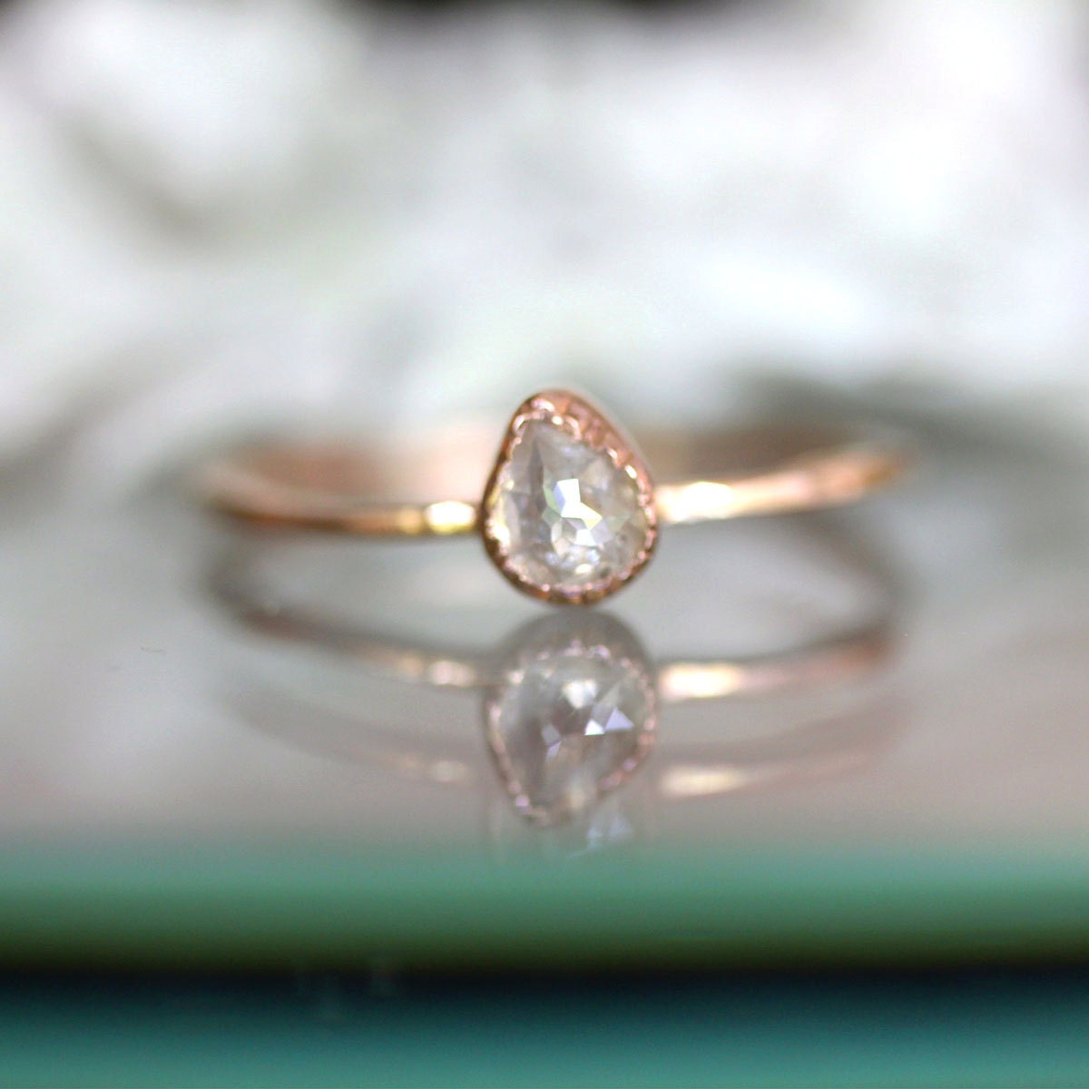 Rose Cut White Gray Diamond In 14K Rose Gold Engagement Ring - Ready To Ship