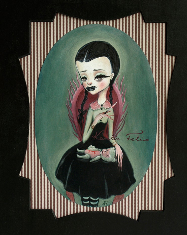 Wednesday. Original painting in black mat. unframed. pop surrealism lowbrow art by KarolinFelix