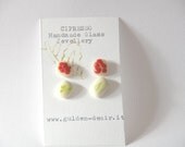 Two pair Spring Stud Earrings - Ivory Green Red color fused unique Murano Glass Jewelry
