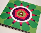 Bright LIME GREEN folded square card with a bold gerbera daisy design in citrus summer colours, contemporary Irish design