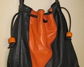 Black Leather Drawstring Shoulder Bag, Crossbody Purse- THE STELLA