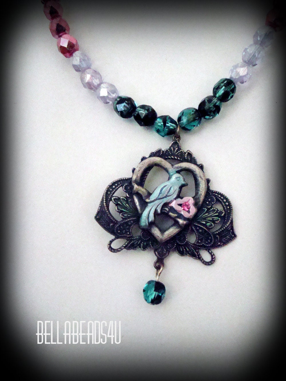 Banana Bob Pendant Necklace, Vintage, Blue Bird, Rose, Teal, Alexandrite, Czech Glass, Sterling Silver