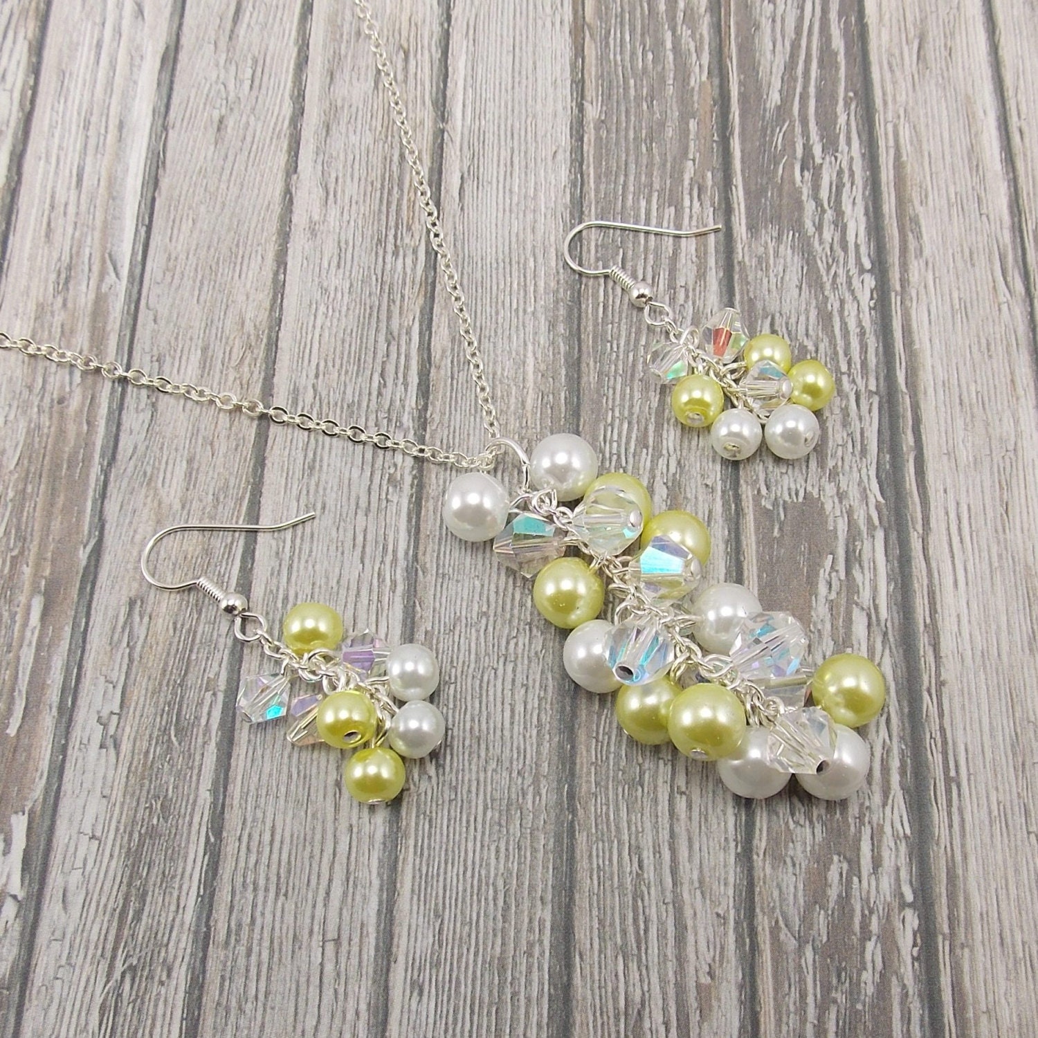 Necklace and Earring Set - Cluster - Lime Green and White Glass Pearl
