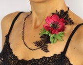 Spring Necklace with Silk Anemone Flower and Black Lace. Handmade