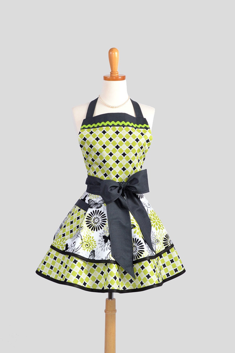 Ruffled Retro Apron - Sexy Womens Apron in Lime Green and Black Butterflies and Argyle Handmade Full Kitchen Apron