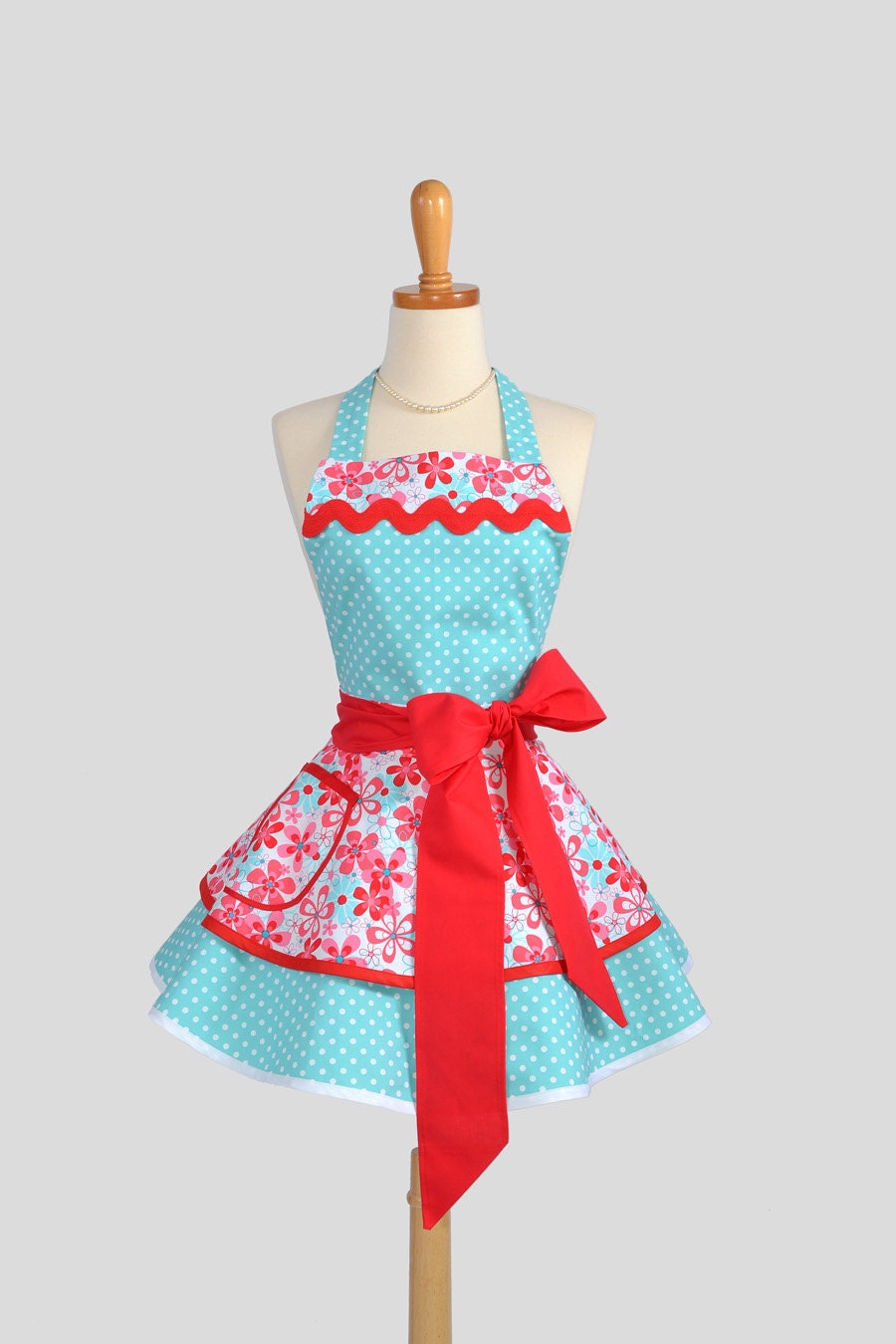 Ruffled Retro Apron / Handmade Flirty Full Womens Apron Featuring Michael Miller Fabrics in Aqua and Red
