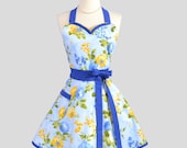 Sweetheart Retro Apron / Cute Kitchen Full Retro Womens Apron in Robins Egg Blue Yellow Floral and True Blue