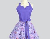 Sweetheart Retro Apron - Handmade Sexy Womens Apron in Flirty Purple Swirls with a Painterly Leaf Skirt in Lavender Full Kitchen Apron
