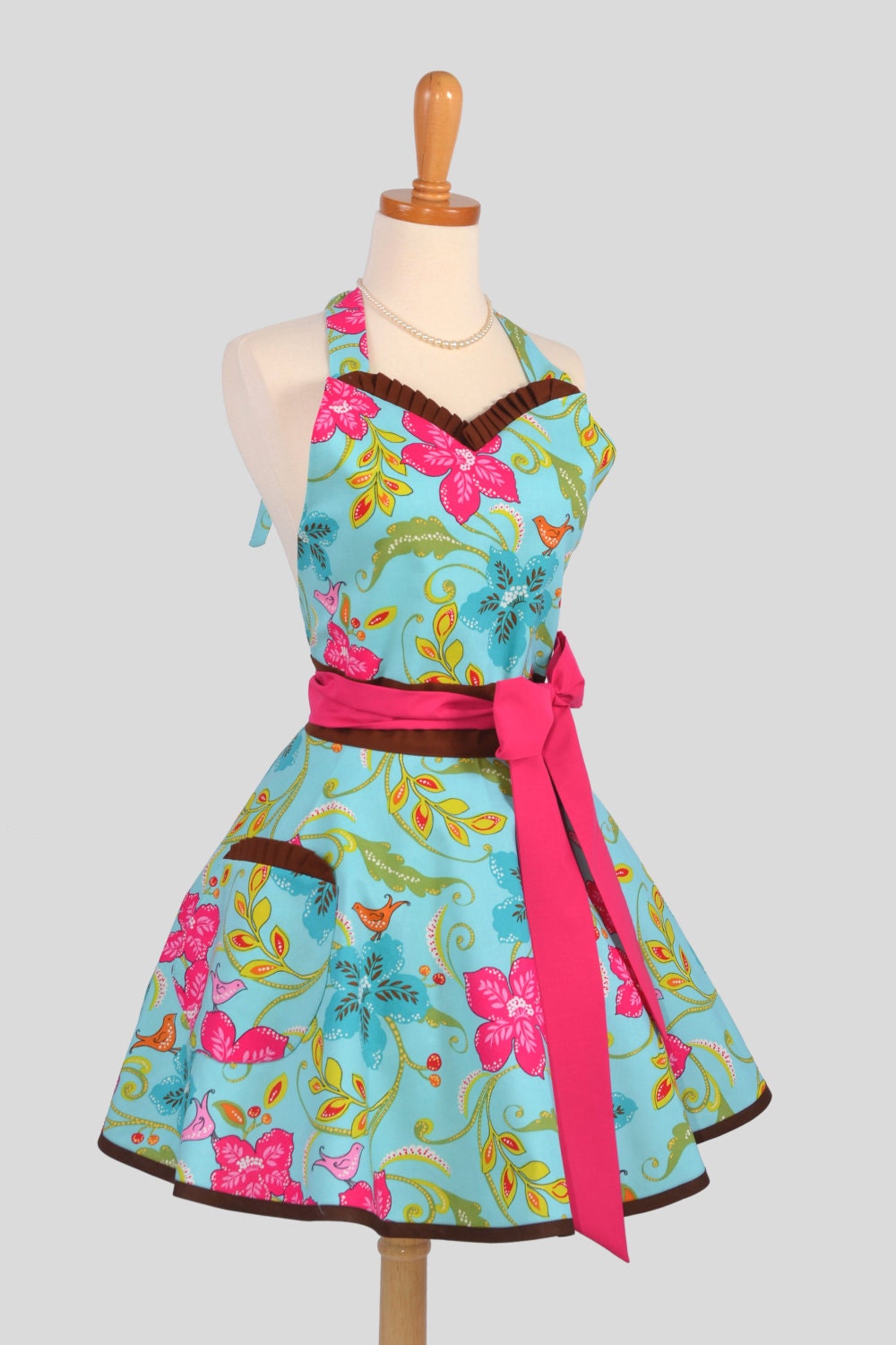 Sweetheart Retro Apron : Handmade Ruffled Floral in Song Bird Jewel with Brown and Hot Pink Trim