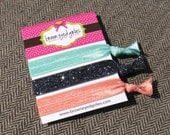 Elastic Hair Ties - Charcoal Glitter, Coral, and Aqua