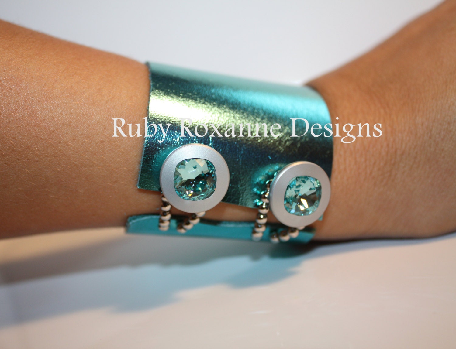 Turquoise Metallic Leather Cuff with Turquoise Swarovski Crystal Buttons