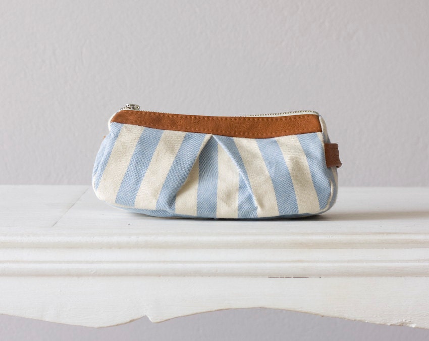 Cotton makeup bag  , cosmetics case  in  Stripe cotton light blue - off white and Brown leather