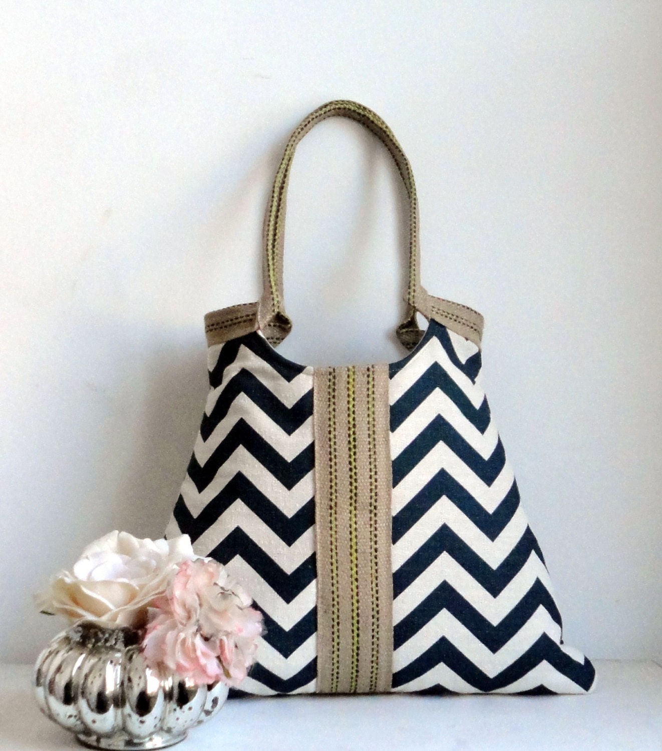 Shoulder Bag Purse blue-white chevron tote bag with jute