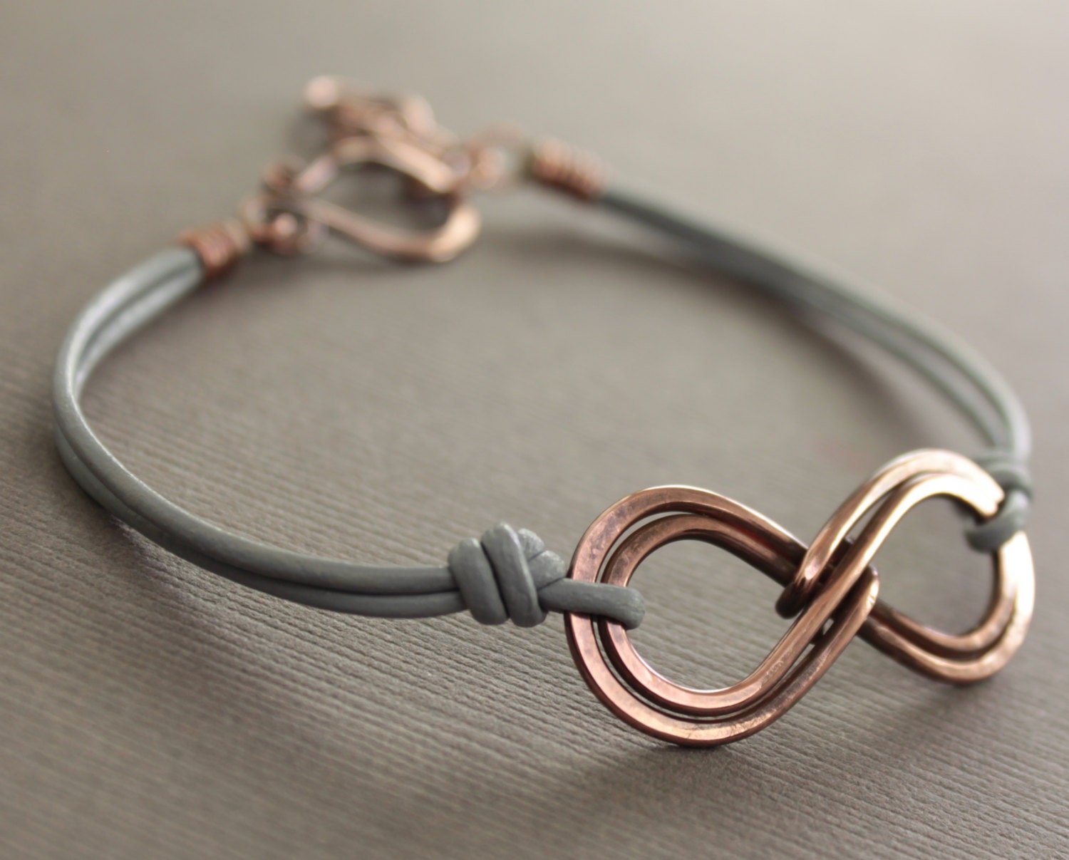 Unisex double infinity copper bracelet with gray leather and handmade hook clasp - Infinity bracelet - Unisex bracelet