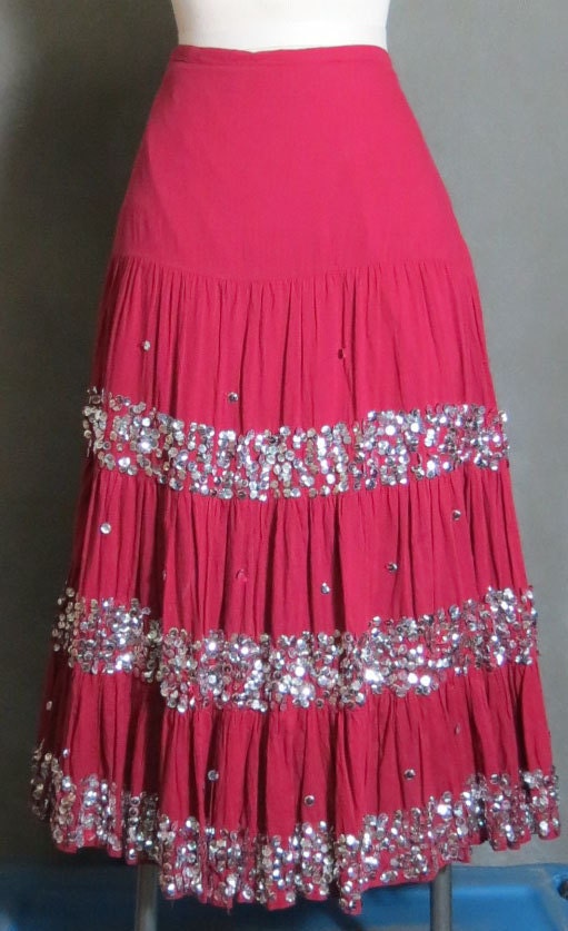 1970's Gypsy Skirt Sequins Maroon Size Medium Peasant Maxi