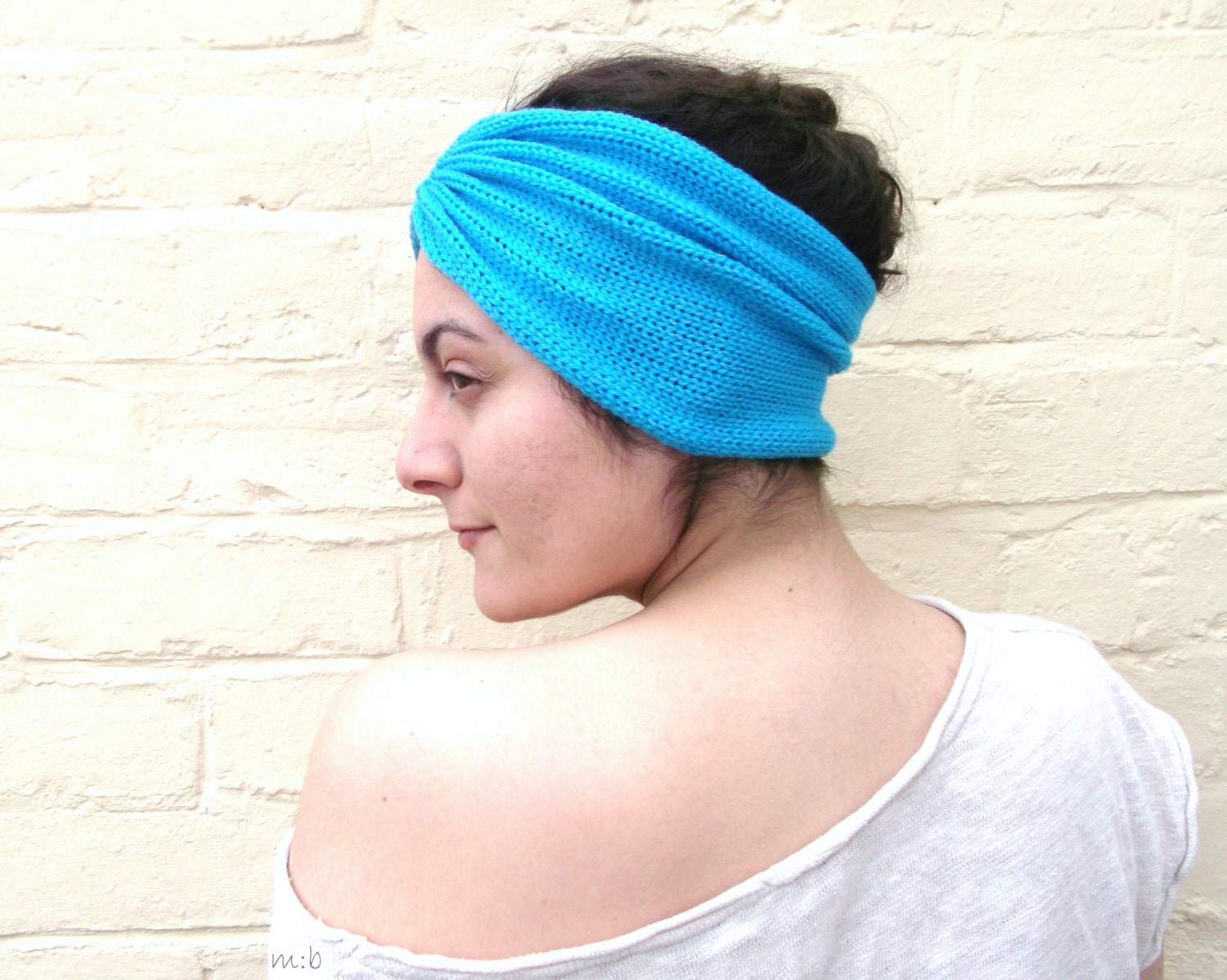 Turquoise headband, womens bright summer hair wrap, knit accessory.