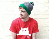 Mens pom pom hat, guys bobble beanie, winter festive holiday hat.