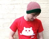 Mens Christmas beanie hat, festive menswear, striped holiday hat.