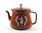 1940s Antique Petite Brown Enamel Teapot Tea Kettle with Swiss Girl by Uptown Vintage - UptownVintage