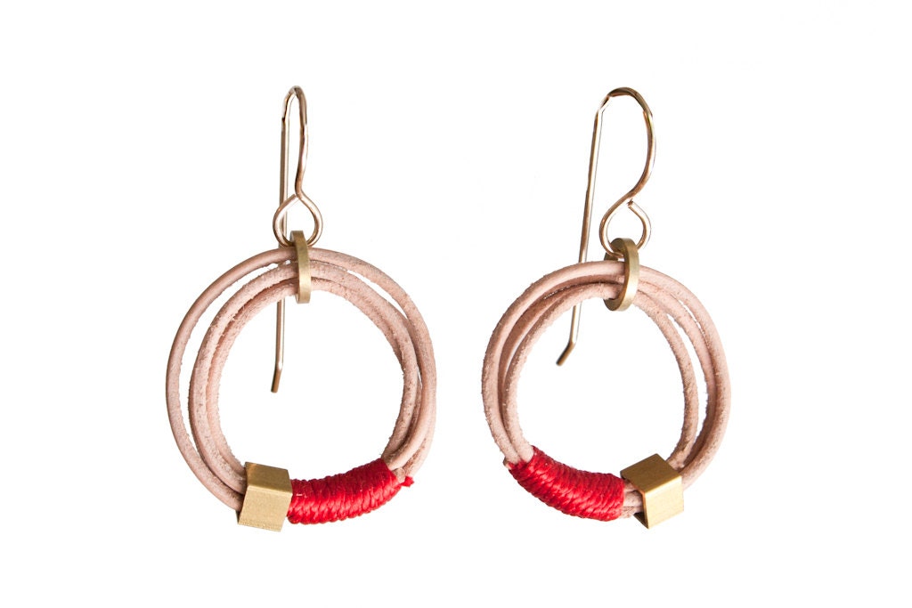 Drop Wrap earrings - Red silk leather and brass