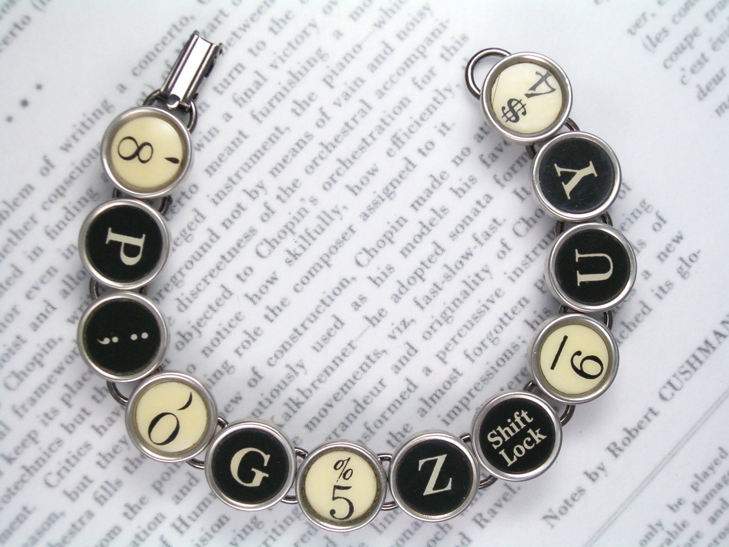 Antique Typewriter Key Bracelet -  Random Black and White Keys - Typewriter Jewelry By Hautekeys