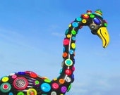 Button Flamingo yard art, handmade, lawn art, recycled, plastic flamingo