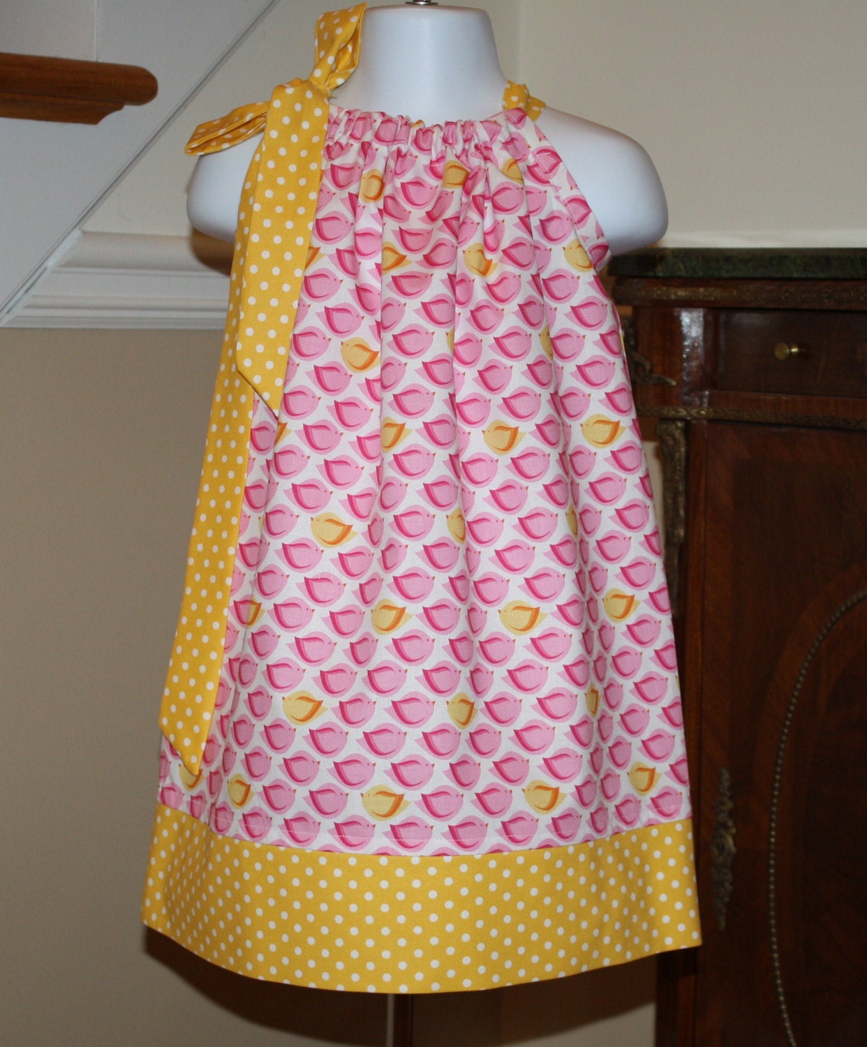SALE puffy birds Pillowcase dress toddler girls easter dresses michael miller fabric pink yellow white polka dots