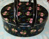 Metal pink rose box with handles, lid, black, pink, blue, floral, tin, storage, metal, 1970s, basket style