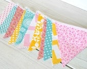 Bunting Fabric Banner Fabric Flags  - Aqua Blue, Yellow, Gray, Pink Chevron and Flowers - Ready to Ship