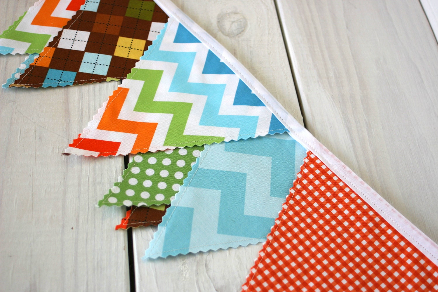 Bunting Photo Prop Fabric Flags  - Yellow, Orange, Aqua Blue and Green Chevron Plaid Dots - Ready to Ship