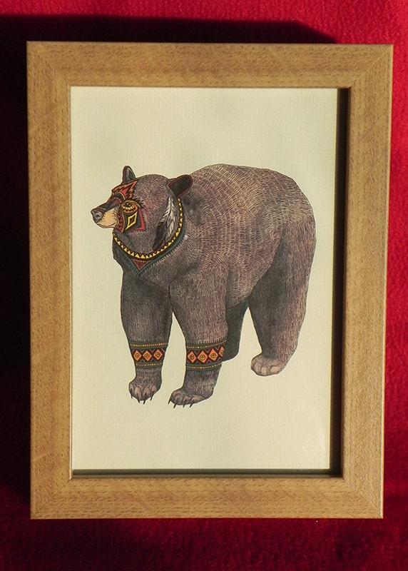 Native American Bear Illustration Framed Mini Print - 6" x 8" Oak finish frame