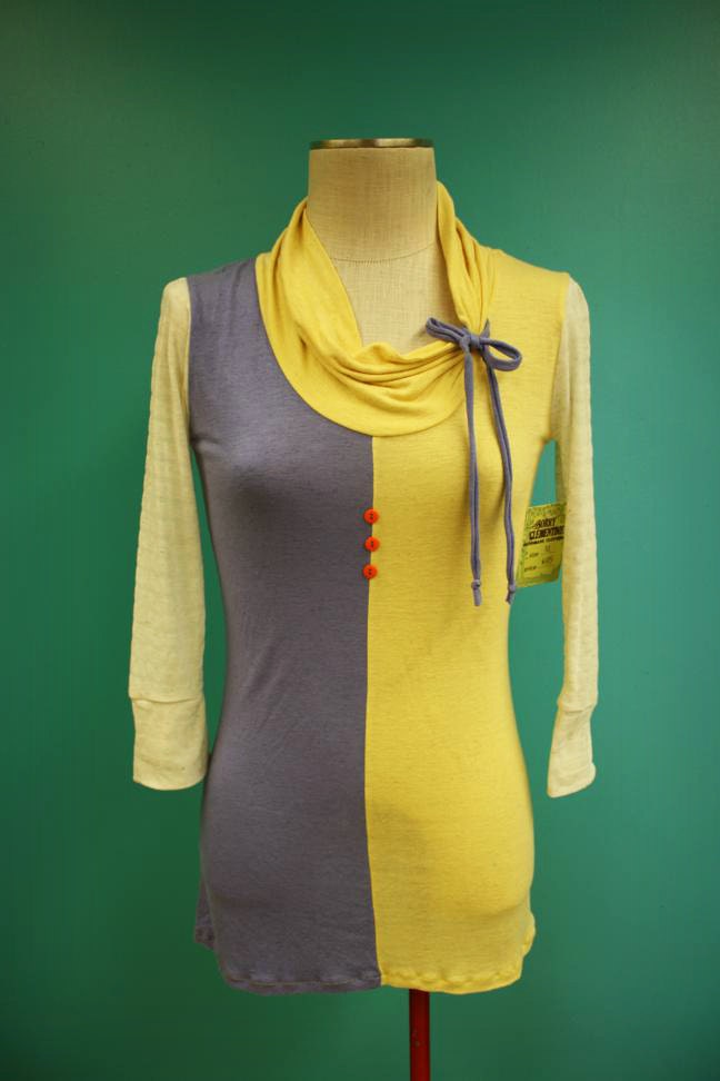 Yellow Cream Striped Blue Cowl Neck Shirt - Size Small