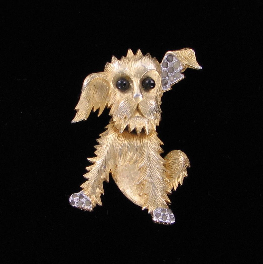 Cute Signed Panetta Rhinestone Mutt Dog Pin Brooch with Bead Eyes