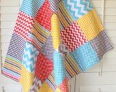 Baby Girl Blanket - Patchwork Blanket - Coral Yellow Aqua Blue and Grey Chevron