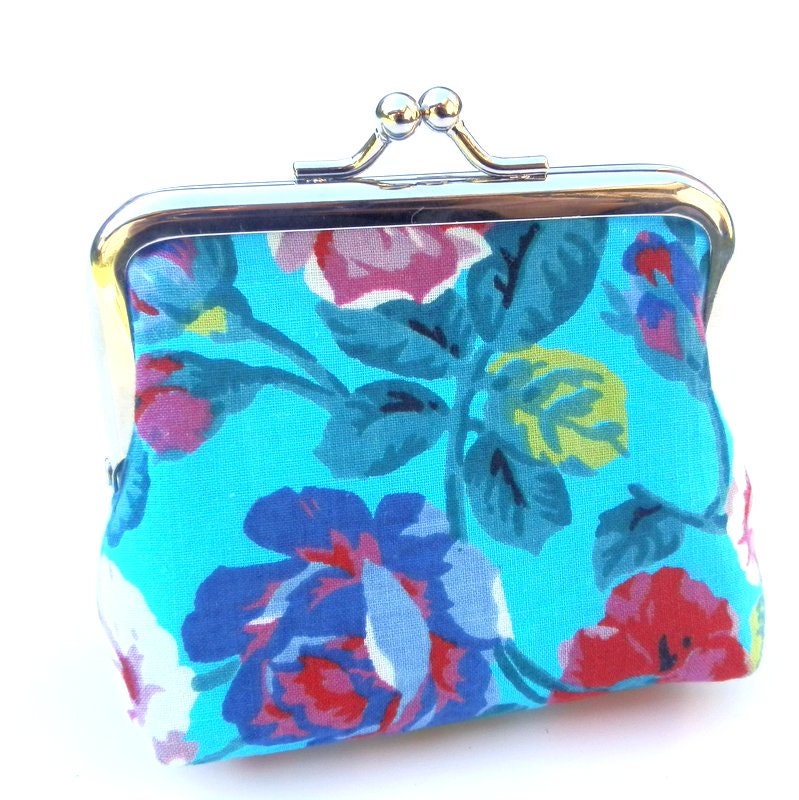 Handmade coin purse Vintage fabric aqua floral flowers teal blue bright